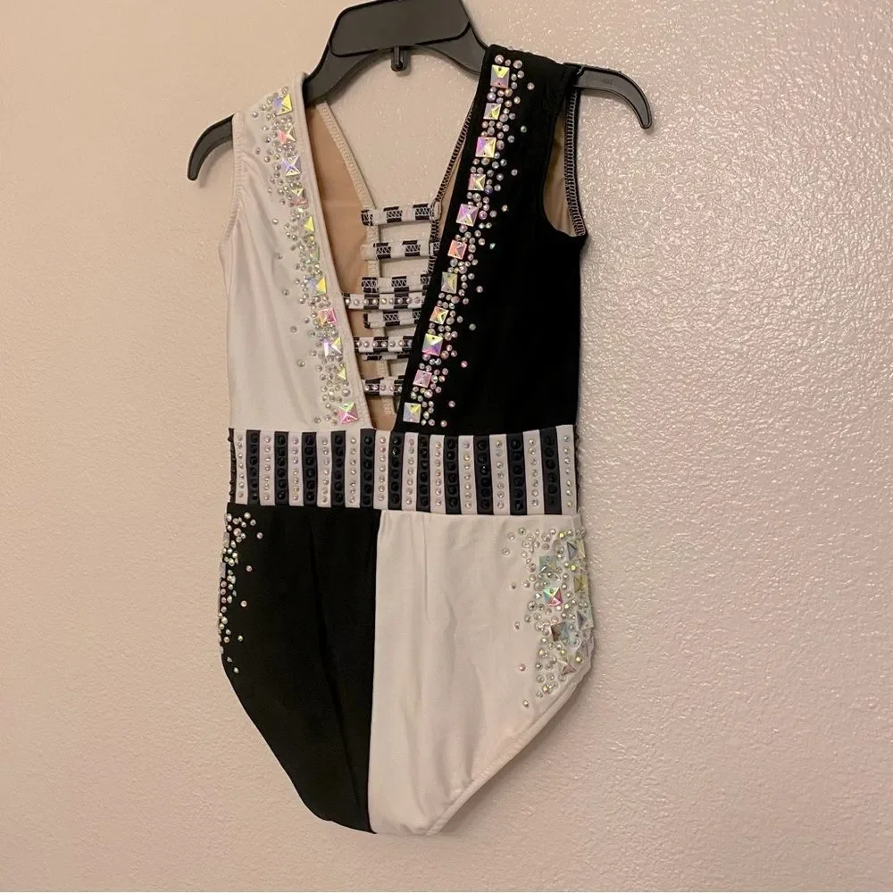 Glamour Black and White Sequin Split-Panel Dance Leotard